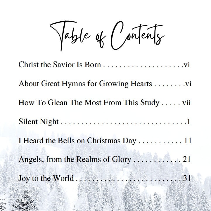 Table of contents showing the different hymns covered in Great Hymns for Growing Hearts - Christmas Edition.