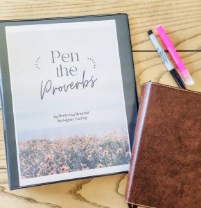 Pen the Proverbs cover printed inside a notebook clear cover with a pen, highlighter, and notebook.