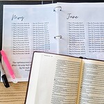 inside of the pen the proverbs plan showing May and June. Also shown is an open Bible, a pen, and a highlighter.