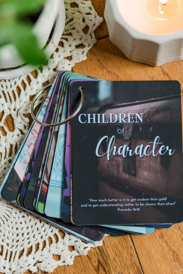 Image of the "Children of Character Cards" flayed out on a table. The front card shows the title with a treasure chest on it. On the table are the cards, a candle, and a plant.