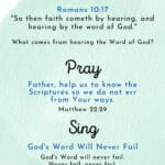 An example card for the back of the toddler devotional card. It has a green watercolor background with the words "Read, Pray, Sing" as headings. Under each heading is scripture and some suggested things to cover with the toddler.