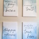 Printable Wall art for "Warrior for Truth". It is printed on four canvas style hanging images displayed in a 2x2 grid. It reads "My precious son, we pray you become a warrior for truth, a champion of righteousness, for only then will you be a true hero.