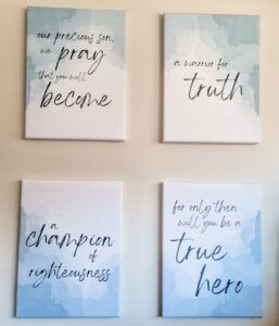 Printable Wall art for "Warrior for Truth". It is printed on four canvas style hanging images displayed in a 2x2 grid. It reads "My precious son, we pray you become a warrior for truth, a champion of righteousness, for only then will you be a true hero.