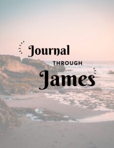 Journal Through James cover image. It shows the title over the top of a beach scene with waves coming up against rocks.