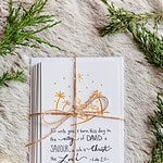 Beautiful Christmas Cards wrapped in a twine bow and laid on soft fir with pine branches around it.