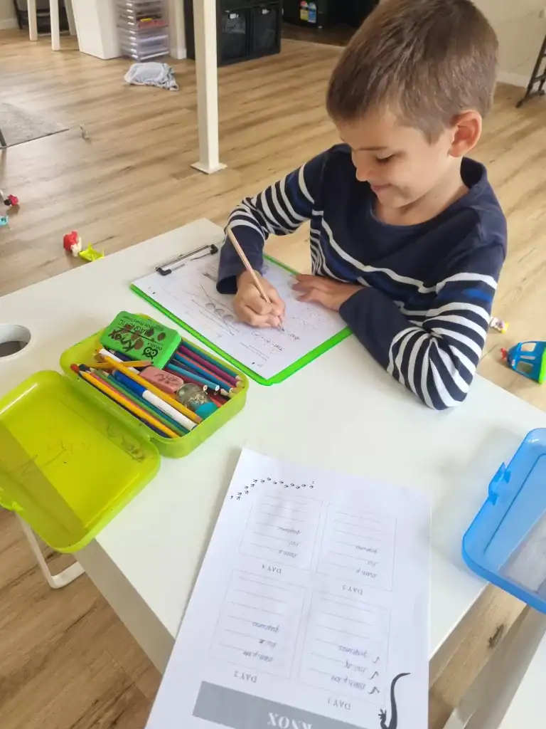 1. Child doing homework at desk with school supplies for independent learning.
