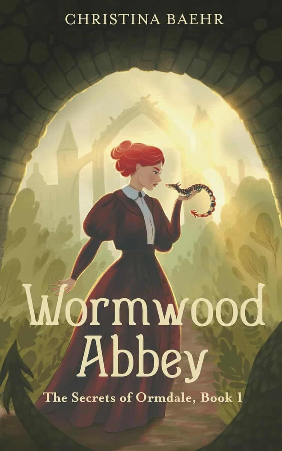1. Young woman with red hair and a dragon in Wormwood Abbey, fantasy book cover image.
