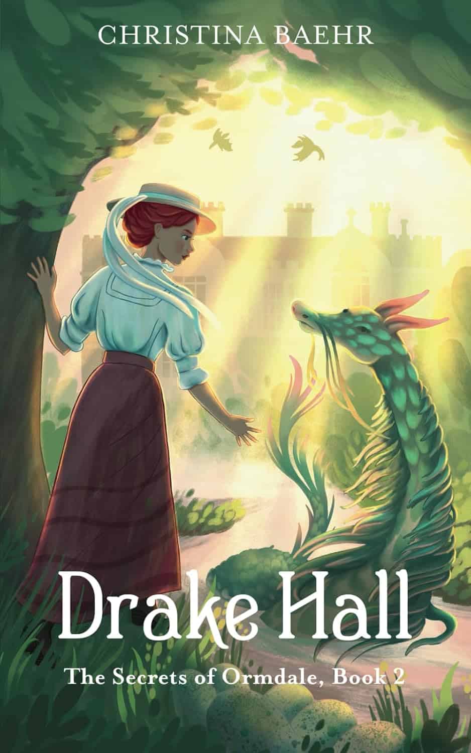 1. enchanting fantasy novel cover art of a girl and a dragon in a magical woods scene.
