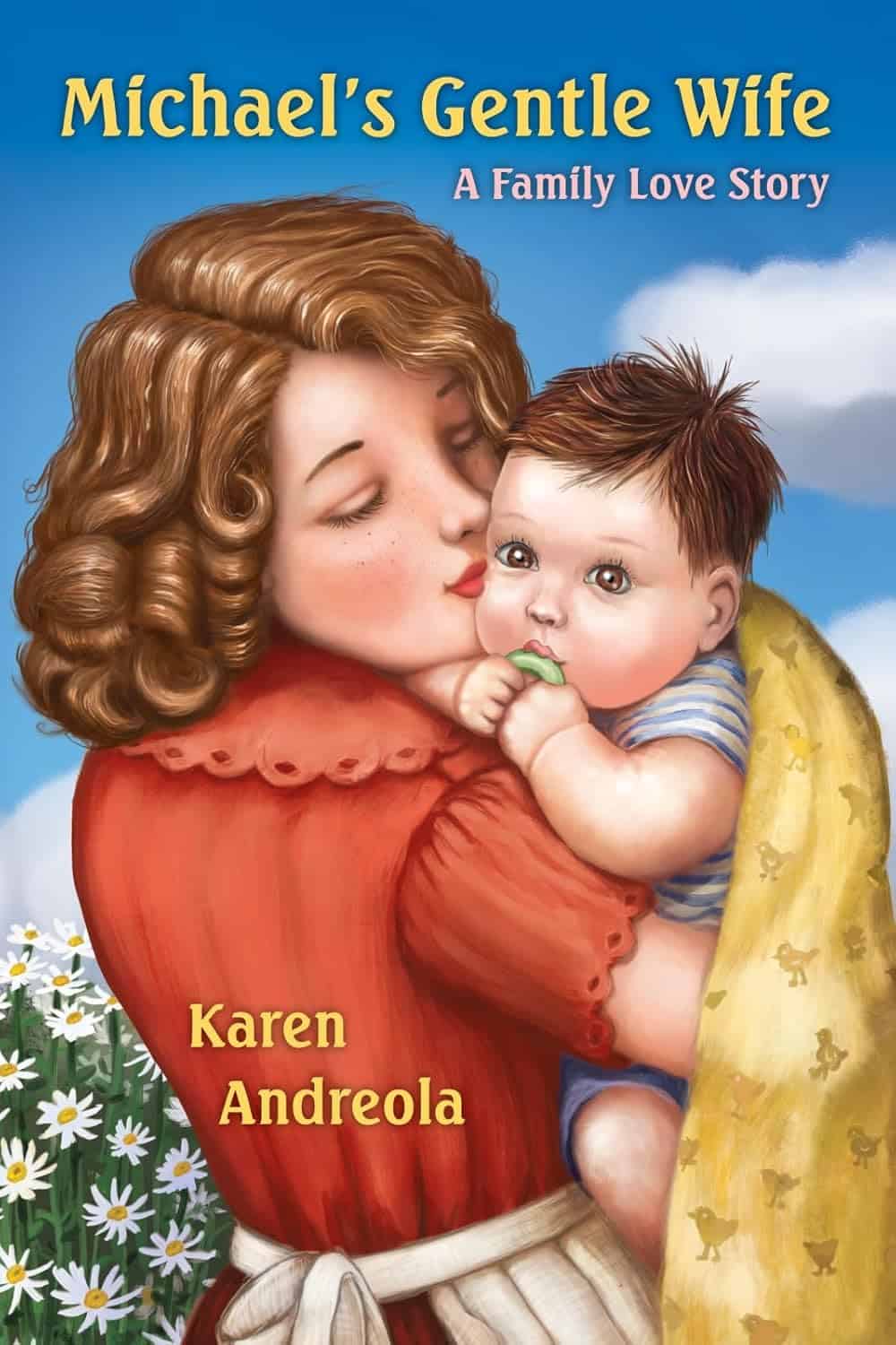 1. Mother lovingly hugging her young son with a blue sky background, family love, Christian children's book.