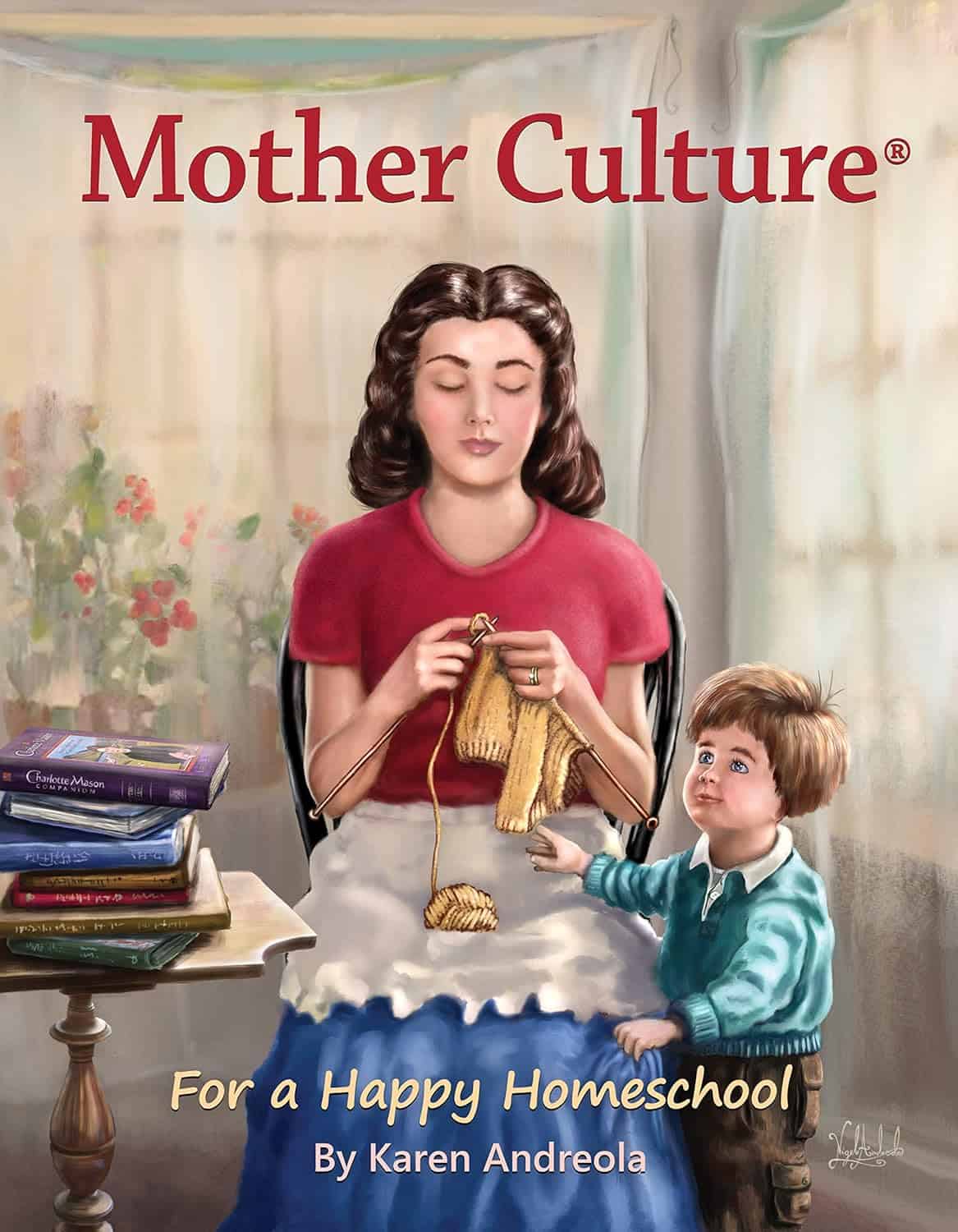 1. Woman knitting with child, homeschool, Mother Culture book, family learning, education support.