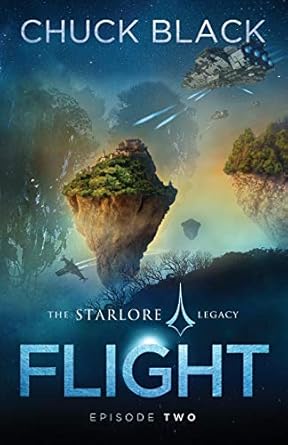 Fictional sci-fi book cover of "Flight" by Chuck Black with floating islands and spaceship scene.