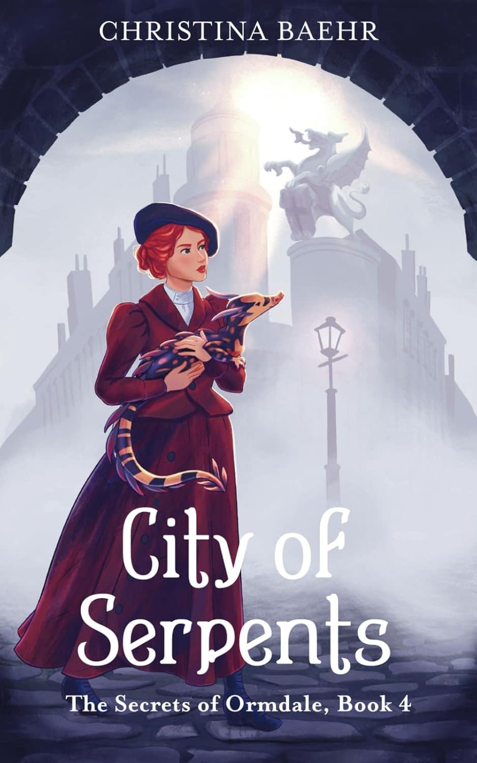 Mysterious woman with a serpent, cityscape background, fantasy scene from City of Serpents novel.