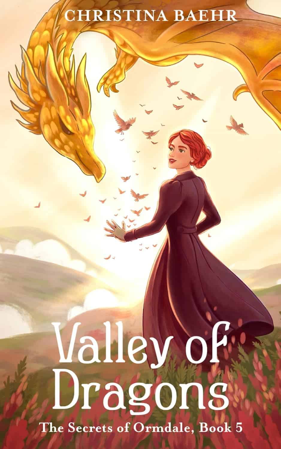 Majestic dragon and woman in fantasy landscape, book cover for Valley of Dragons by Christina Bahr.