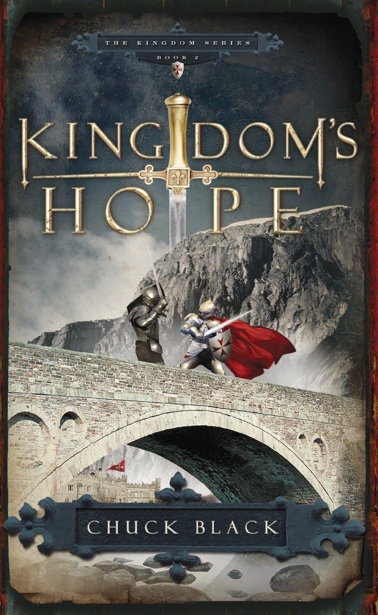 Knight battling on a bridge with mountain backdrop, sword and shield, from the book "Kingdom’s Hope.".