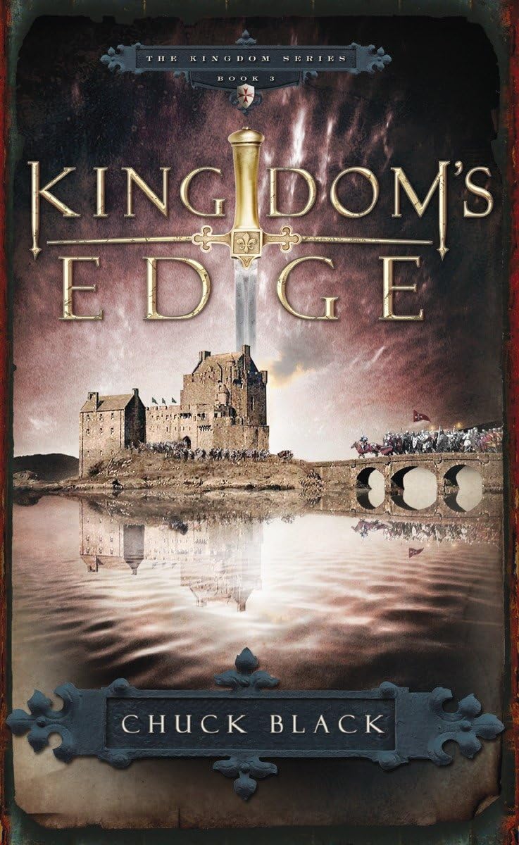 Ancient castle and medieval battle scene on book cover, highlighting kingdom's entrance and sword imagery.