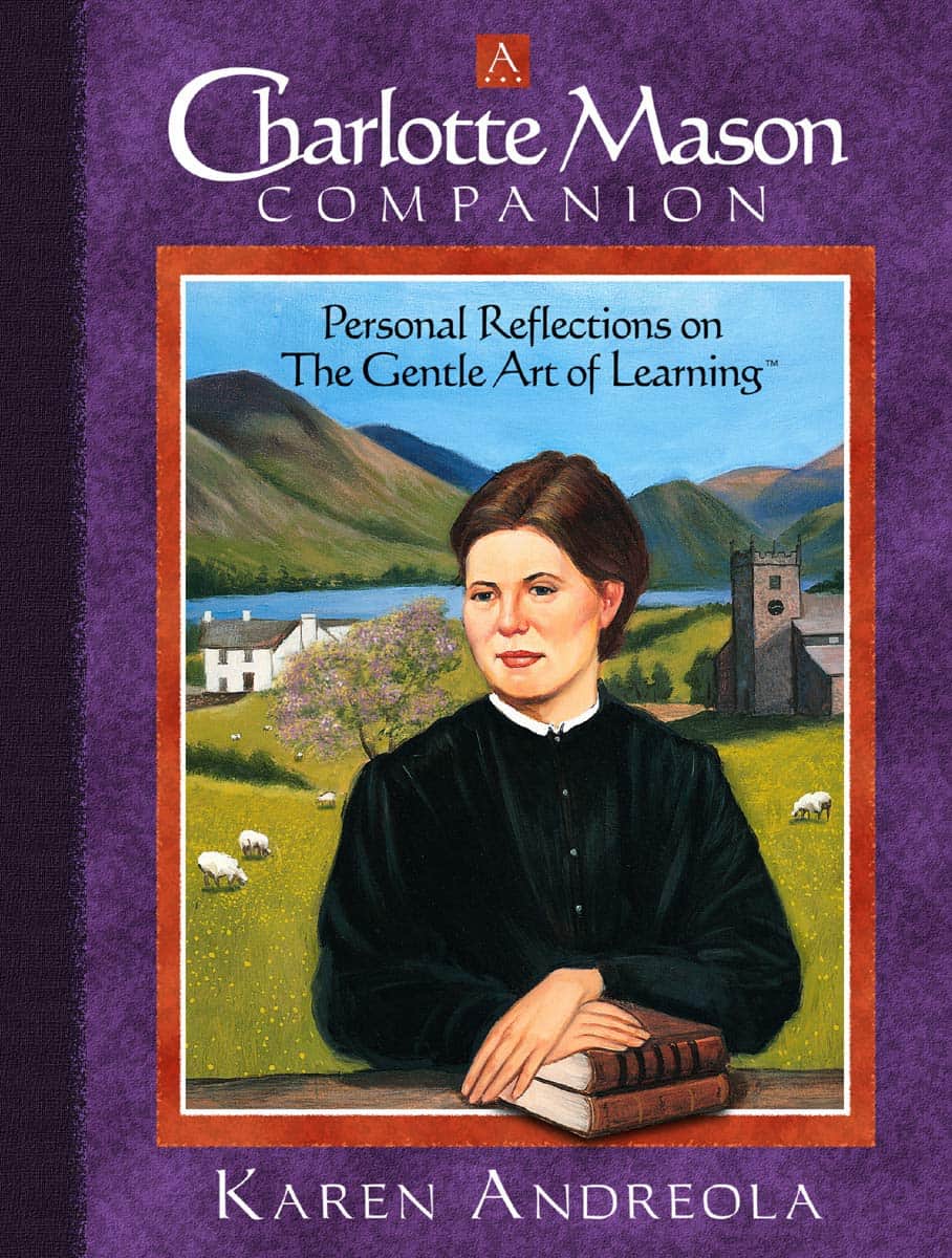 Thoughtful woman with open book in pastoral setting for Charlotte Mason Companion.