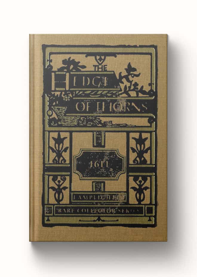 1. Vintage book cover titled "The Lodge of Elbers" from 1611 with intricate black design on beige background.